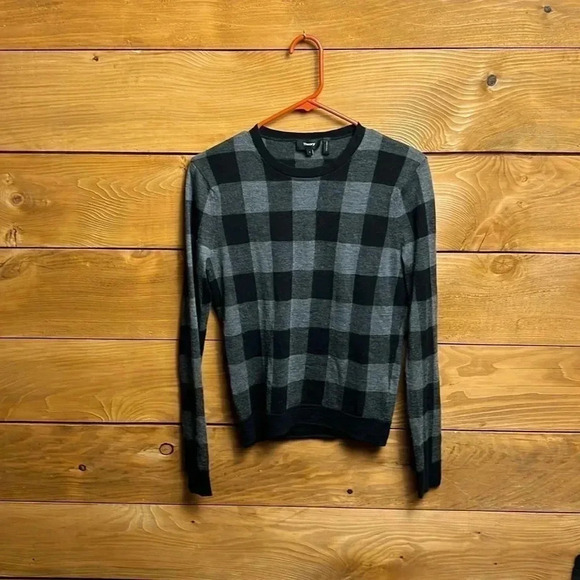 Theory Women Gray Black Plaid Long Sleev Crew Neck Knit Sweater Small Silk Cashm - Picture 1 of 8
